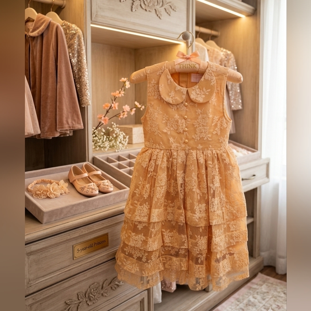 Think Pink Elegant Golden Lace Dress w/ Peter Pan Front Collar, Size 5, NWT